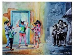 a painting of people standing in front of a door