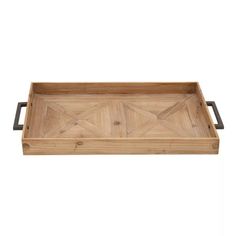 a wooden tray with metal handles