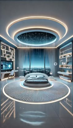 a futuristic bedroom with a circular bed in the middle