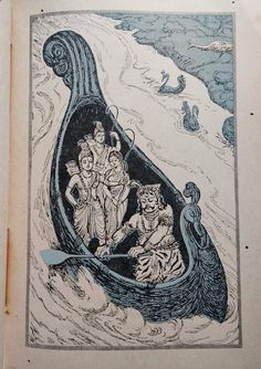 an old book with some drawings on the front and back cover, depicting people in a boat