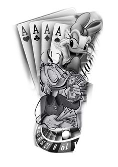 a cartoon character holding four playing cards in one hand and two on the other side