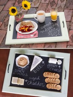 two pictures of food and drinks on a tray with chalkboard writing that says happy father's day