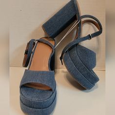 Nwt ,Beautiful Demin Platforms Women's Size 9. Chic Denim Heels With Block Heel, Chic Denim Block Heel Heels, Chic Denim Block Heel Shoes, Chic Denim Block Heel, Blue Block Heels With Stacked Heel For Spring, Denim Platform Heels With Open Toe, Denim Blue Open Toe Platform Heels, Blue Padded Heel Block Heels For Spring, Blue Block Heels With Padded Heel For Spring