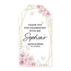 a thank card with pink flowers and gold foil on the front, reads thank you for celebrating