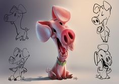 a cartoon pig with various poses and expressions for animation purposes, as well as drawing the character's head