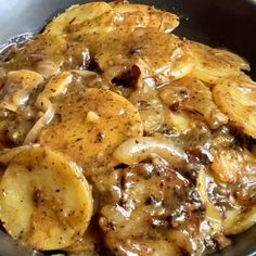 the food is prepared and ready to be eaten in the skillet on the stove