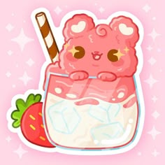 a pink sticker with a bear in a strawberry milkshake and strawberries