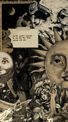 an altered collage of sun and moon faces in black and white with words above them