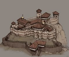 an old castle on top of a hill with two towers and some lights above it