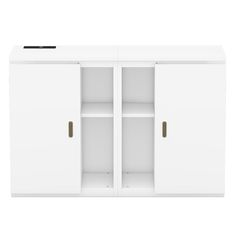 an empty white cabinet with two doors and one door open to reveal the bottom shelf