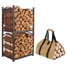 two shelves with logs stacked on top of each other next to a bag and handbag