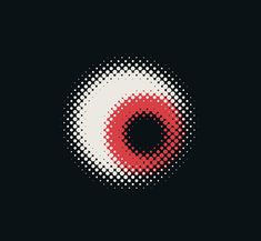 an eyeball made up of halftone dots in red and white on a black background