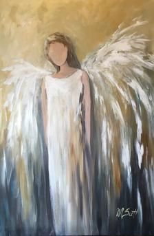 a painting of an angel with white wings