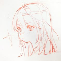 a drawing of a girl with long hair and red eyes, looking to the side