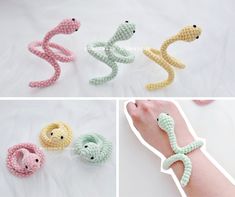 crocheted snake bracelets are shown in three different colors