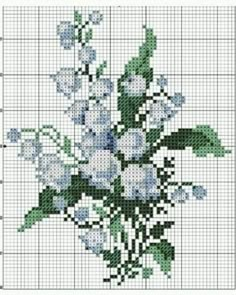 a cross stitch pattern with white flowers and green leaves