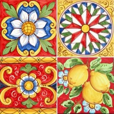 four different colored tiles with flowers and fruit painted on them, each one has a flower in the center