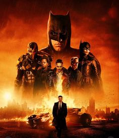 the dark knight rises movie poster with batman, catwoman and other characters in front of an orange sky