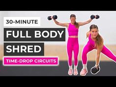 two women doing exercises with dumbbells in front of an advertisement for the full body shred time - drop circuit