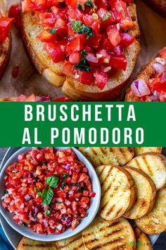 some bread with tomatoes and other food on it next to the words bruschetta al pomodoro