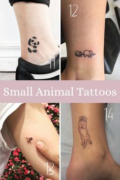 small animal tattoos on the legs and feet are shown in four different pictures, including one with