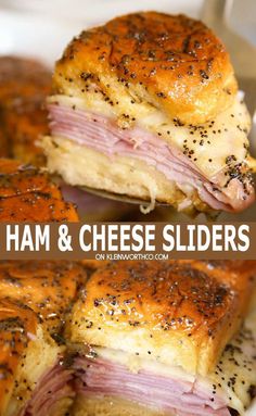 ham and cheese sliders on a plate with text overlay that reads ham and cheese sliders