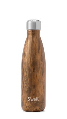 the swell stainless steel water bottle is made from wood and has a metal lid, which matches