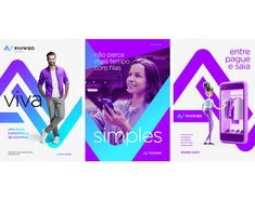 three different advertising brochures are shown in purple and blue colors, one with a woman on her cell phone