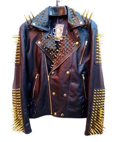 Long Golden Spiked Black Leather Jacket, Studded leather jacket, punk Style Leather jacket, Studded Biker Jacket, Brass Studded Jacket, Biker Studded Leather Jacket For Mens, Handmade Leather Jacket, Real Leather Jacket, Steam Punk Style Descriptions: 100% Real Cowhide Leather Fully Studded Jacket Handmade Studded YKK Zip Men's Wear Spiked Leather Jacket, Golden Spike, Style Leather Jacket, Studded Leather Jacket, Studded Jacket, Real Leather Jacket, Style Punk, Punk Style, Steam Punk