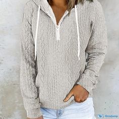 Orcajump - Cable Knit Quarter Zip Hoodie, Casual Long Sleeve Drawstring Hoodies Sweatshirt, Women's Clothing Quarter Zip Hoodie, Design Hoodie, Evening Dresses Short, Half Zip Sweatshirt, American People, Drawstring Hoodie, Casual Summer Dresses, Sweater Blouse, Texture Design