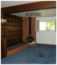 an empty living room with blue carpet and brick walls, before and after remodeling