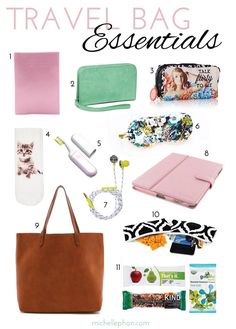 travel bag essentials for the traveler with pink and green accents, including an orange handbag