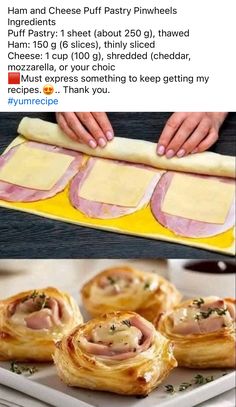 an image of ham and cheese puff pastry pinwheels on a plate with the recipe below