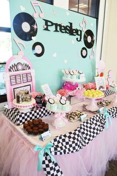 a table topped with lots of food and desserts