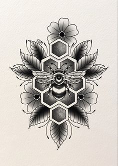 a black and white drawing of a bee with flowers on it's back side