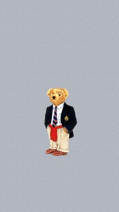 a teddy bear wearing a suit and tie standing in front of a gray background with the words ted on it