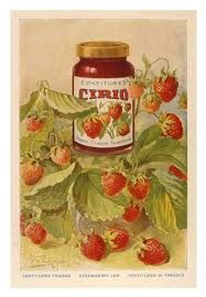 a jar of strawberry jam sitting on top of a plant with leaves and berries around it