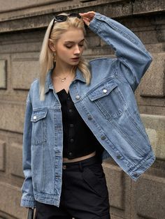 SHEIN Flap Pocket Button Front Denim Jacket | SHEIN USA Jeans Coat Outfit Jackets, Coated Jeans Outfit, Oversized Jacket, Coat Outfits, Denim Jacket Women, Jackets Online, Flap Pocket, Jacket Outfits, Jean Coat