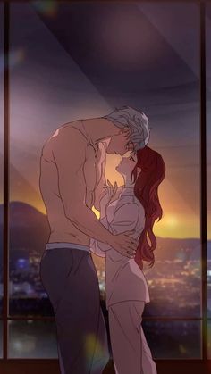 a man and woman kissing in front of a window with the sun setting behind them