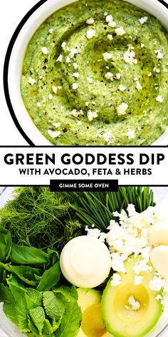 green goddess dip with avocado, feta and herbs in a white bowl