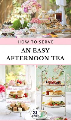 an afternoon tea party with pink flowers and cakes