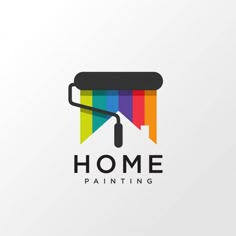 the logo for home painting with a paint roller and rainbow colors on it's side