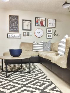 a living room filled with lots of furniture and pictures on the wall above it's coffee table