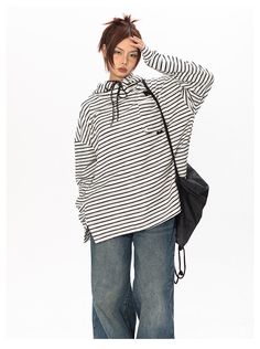 Striped Contrast Color Hooded T-Shirt - chiclara Urban Baggy Long Sleeve Tops, Urban Style Baggy Long Sleeve Tops, Baggy Urban Tops For Fall, Casual Cotton Hooded T-shirt, White Casual Hoodie Top, Casual Striped Sweatshirt For Streetwear, Casual White Hoodie Top, Casual Hooded Relaxed Fit T-shirt, Casual Striped Hooded Top