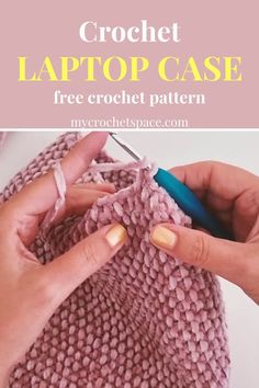 the crochet laptop case is being worked on by someone using scissors and yarn