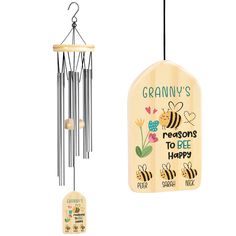 a wooden wind chime with the words granny's reason to bee happy on it