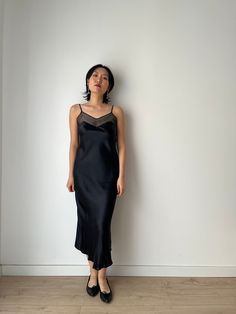 Vintage black pure silk night midi dress 1990s 2000s y2k simple chic dress size: fits best S,M, model wears 36, S, 166cm, 53kg shoulder: 37cm pit to pit: 36cm hip: 44cm length: 122cm material: pure silk condition: good condition, no visible defects be notice that the dress is a vintage piece, It may have small marks and/or snags and sign of wear throughout. Please purchase willing to accept all signs of wear. NOTE For shop updates and extra info please follow me on Instagram: @shikivintage    *S Black Slip Dress 90s, Elegant Black Slip Dress With Built-in Bra, Black V-neck Slip Dress With Satin Finish, Black Lace Trim Backless Slip Dress, Black V-neck Slip Dress With Lace Trim, Liquid Satin, Y2k Black, Lace Art, Simple Chic