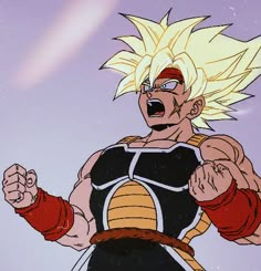 an animated image of gohan with his fist out and one hand in the air