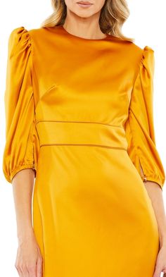 Marigold yellow high neck 1/2 sleeve knee length fitted party dress. Satin Dress Classy, Short Wedding Guest Dresses, Glitter Prom Dresses, High Neck Midi Dress, Charmeuse Fabric, Plastic Dress, Classy Vintage, Short Summer Dresses, Sequin Prom Dresses