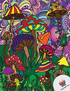 an image of colorful mushrooms in the forest with swirls and flowers on it's surface